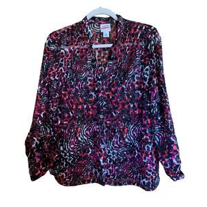 Ruby Rd Shirt Womens 10 Multicolor Textured Roll Tab Sleeves Button Up Blouse